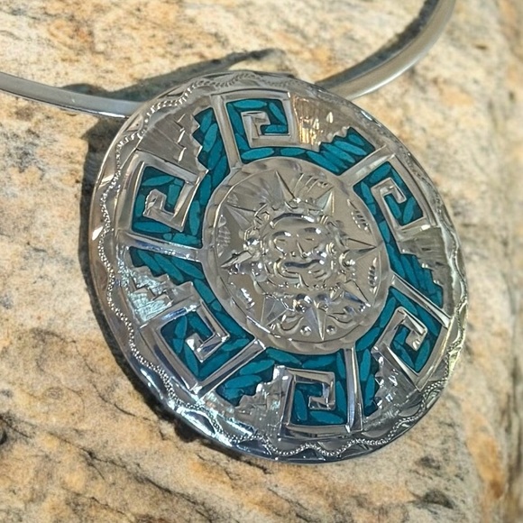 Vintage Aztec Sterling Silver Turquoise Inlay Pin/Pendant - Picture 1 of 8